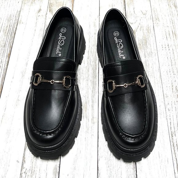 Black Chunky Loafers w/ Gold Detail - Picture 4 of 4